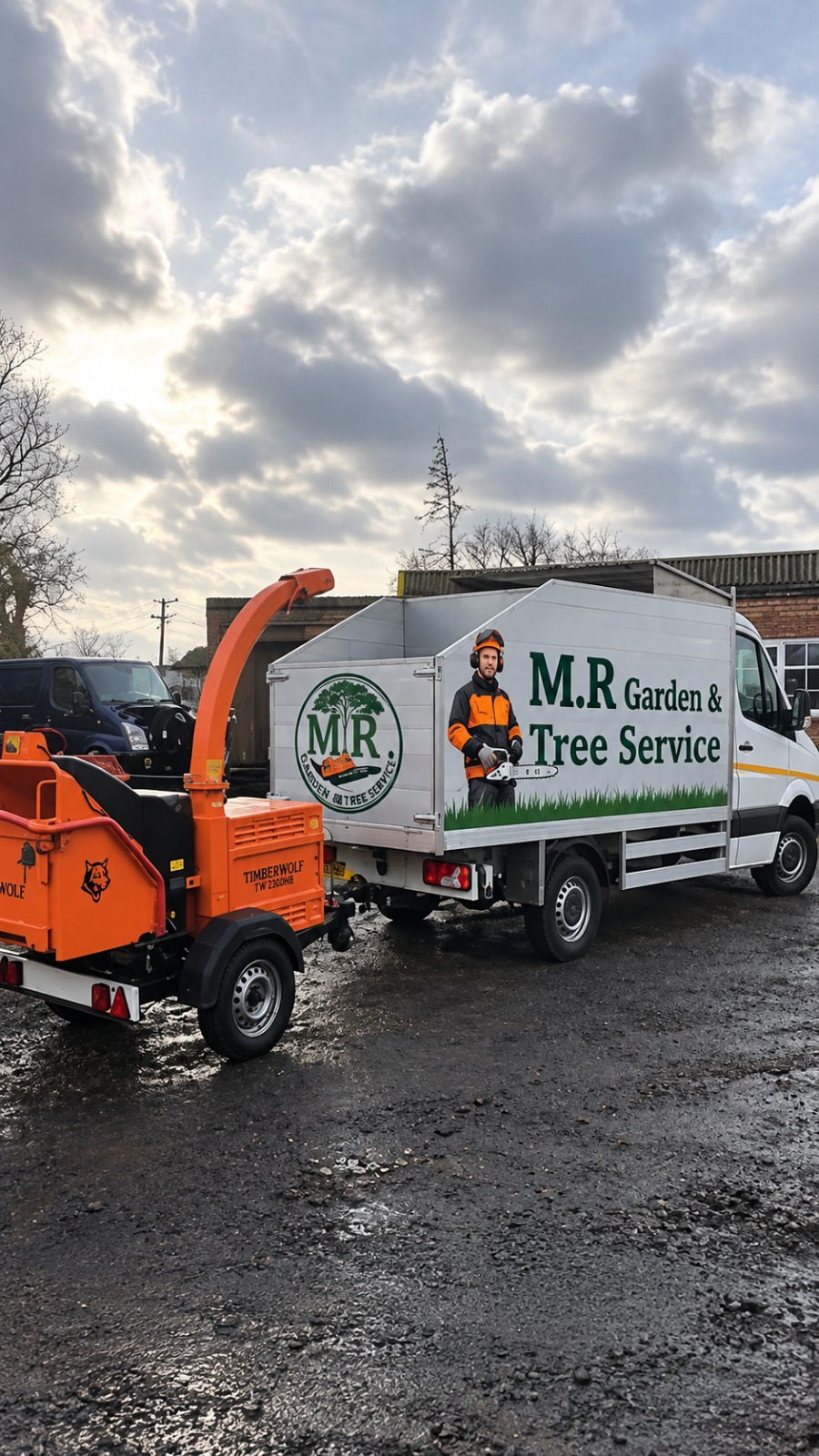 M.R Garden & Tree Service branded van and wood chipper with a team member