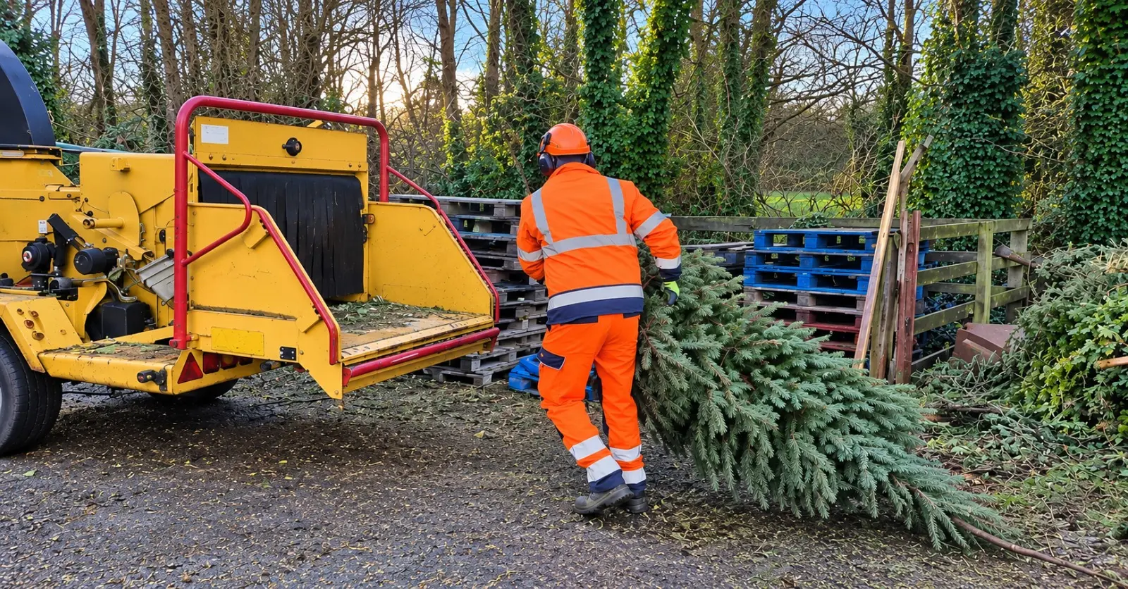 M.R team member carrying a felled tree to a wood chipper