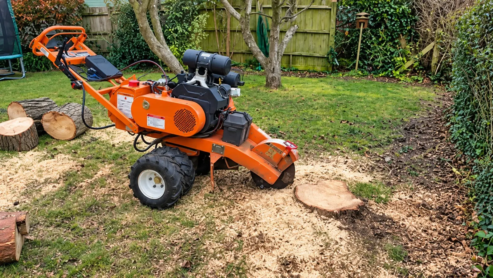 M.R stump grinder removing a tree stump in a garden