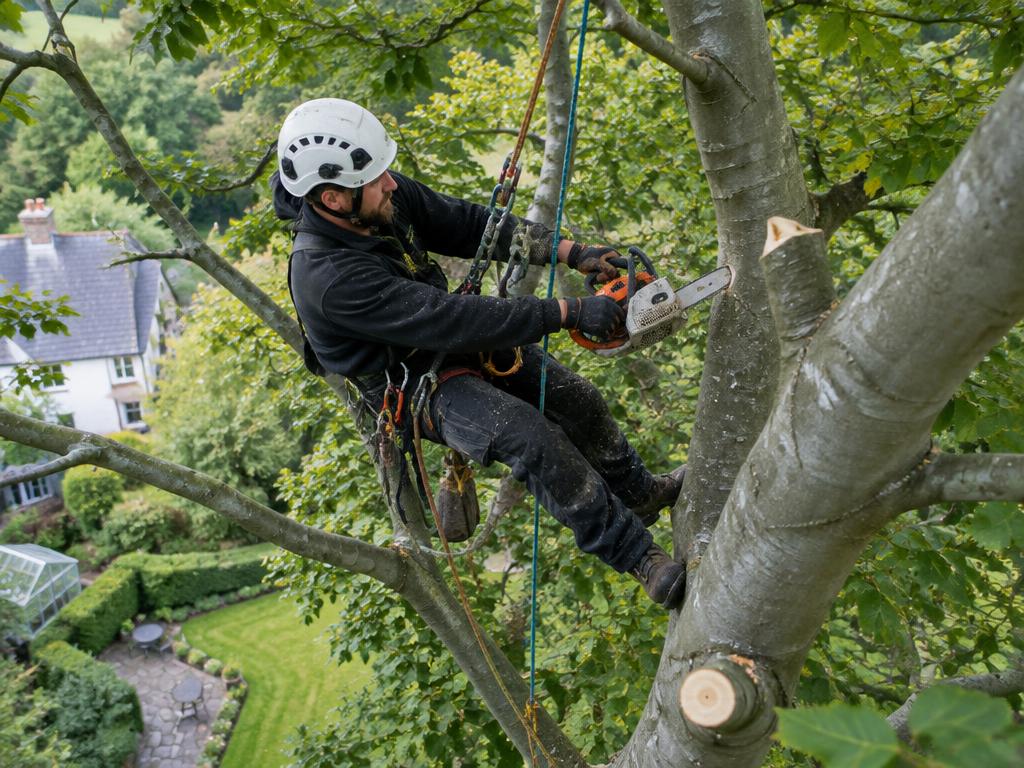 Illustrative image of an arborist using climbing ropes to carry out tree surgery